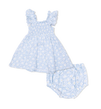 Load image into Gallery viewer, Blue Daisy Organic Cotton Muslin Smocked Girl Sundress and Bloomers by Angel Dear