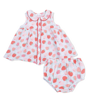 Load image into Gallery viewer, Strawberry Organic Cotton Muslin Toddler Girl Dress and Bloomer Set by Angel Dear