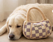 Load image into Gallery viewer, Tan Checker Chewy Vuiton Handbag Dog Toy by Haute Diggity Dog