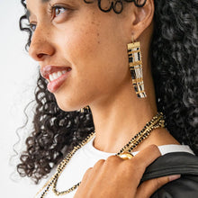Load image into Gallery viewer, Mckenzie Brass Bar Long Fringe Earrings Black + Gold