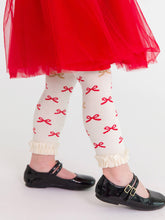Load image into Gallery viewer, Girls Red Sparkle Bow Ribbon Patterned Footless Ruffle Tights