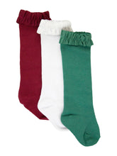 Load image into Gallery viewer, Girls 3-Pack Knee High Ruffle Socks - Dark Cherry, White, &amp; Fir Green
