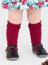 Load image into Gallery viewer, Girls 3-Pack Knee High Ruffle Socks - Dark Cherry, White, &amp; Fir Green
