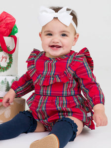 Baby Girls Tis The Season Plaid Long Sleeve Ruffle Trim Bubble Romper