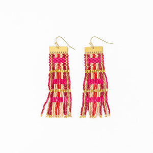 Mckenzie Brass Bar Long Fringe Earrings Hot Pink + Gold