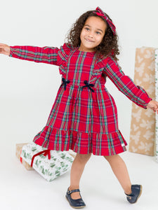 Girls Tis The Season Plaid Ruffle Bow Dress