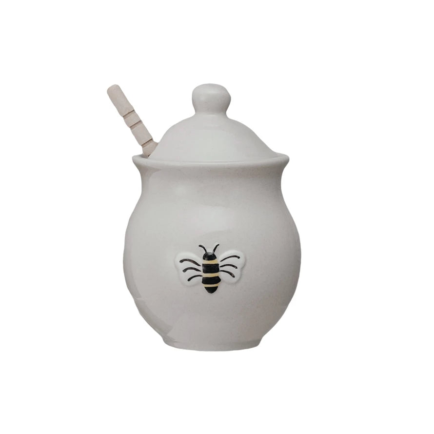 Stoneware Honey Jar w/ Embossed Bee & Wood Dipper