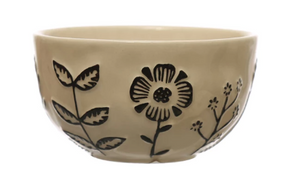 Hand-Painted Stoneware Bowl w/ Embossed Flowers