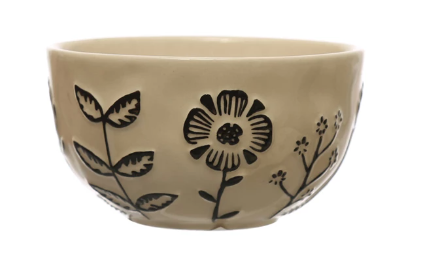 Hand-Painted Stoneware Bowl w/ Embossed Flowers