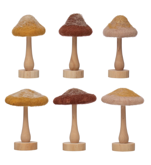 Wool Mushroom with Wood Base and Glitter