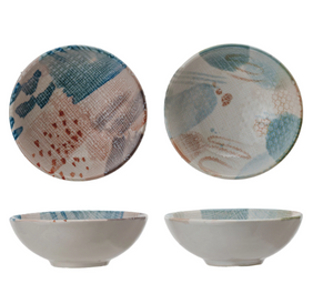 Printed Stoneware Bowl w/ Abstract Design