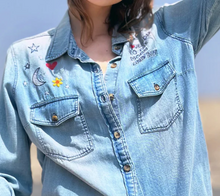 Load image into Gallery viewer, "To The Moon and Back" Embroidered Light Weight Blue Denim Women Shirt
