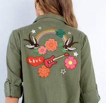 Load image into Gallery viewer, "Birds of a Feather" Embroidered Light Weight Olive Denim Women Shirt
