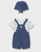 Load image into Gallery viewer, Blue Linen Baby Boy Overall shorts, Stripe Shirt and Hat Set by Mayoral
