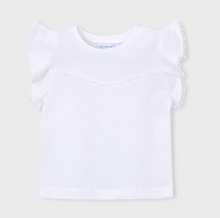 Load image into Gallery viewer, White or Tangerine Soft Cotton Ruffle Lace Sleeve Girls T-Shirt by Mayoral
