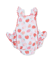 Load image into Gallery viewer, Strawberry Organic Muslin Cotton Baby Girl Ruffle Sunsuit by Angel Dear
