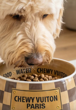 Load image into Gallery viewer, Tan Checker Chewy Vuiton Pet Bowls by Haute Diggity Dog
