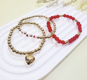 3 Pcs Gold Tone Heart Pearl Stretch Bracelet Set