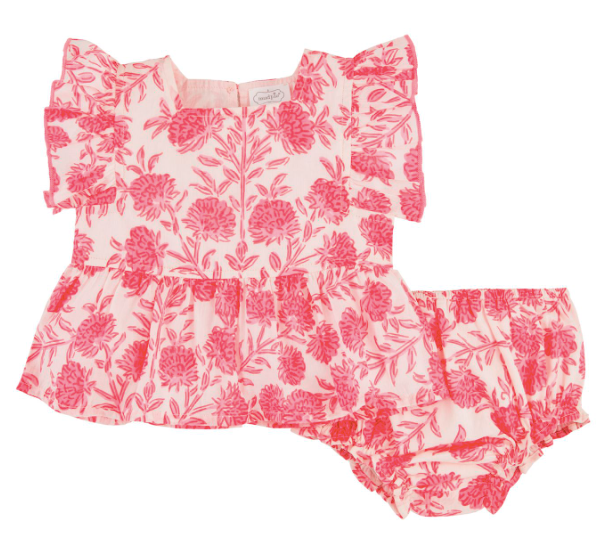 Pink Block Print Floral Pinafore Set
