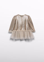 Load image into Gallery viewer, Baby girl sequin dress in champagne, side view
