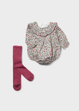 Load image into Gallery viewer, Printed romper with tights in lily, flat lay
